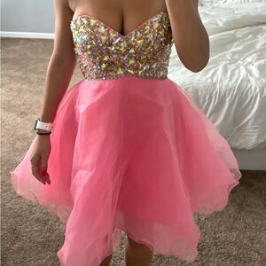 pink strapless homecoming dress